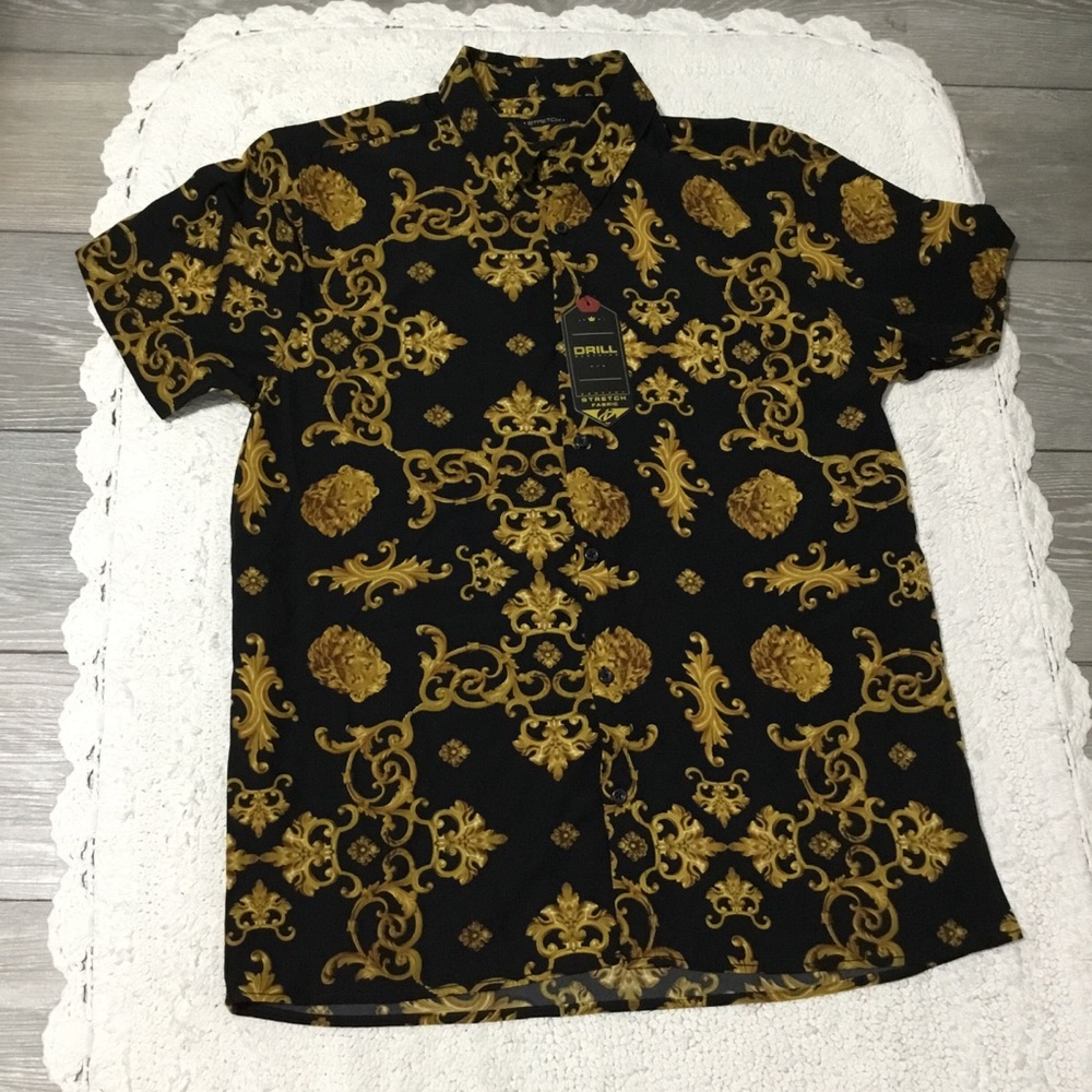 NWT Drill Clothing Company Lion Heads Stretch Fabric Button Down Shirt s…